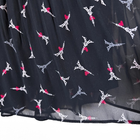 Elle Eiffel Tower Heart Print Black Pleated Mini Dress Womens Small Paris Retro - Picture 9 of 15